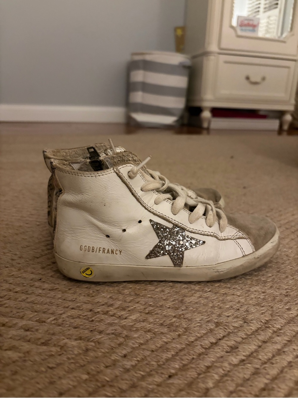 Golden Goose Kids White High-Top Sneakers with Silver Glitter Star